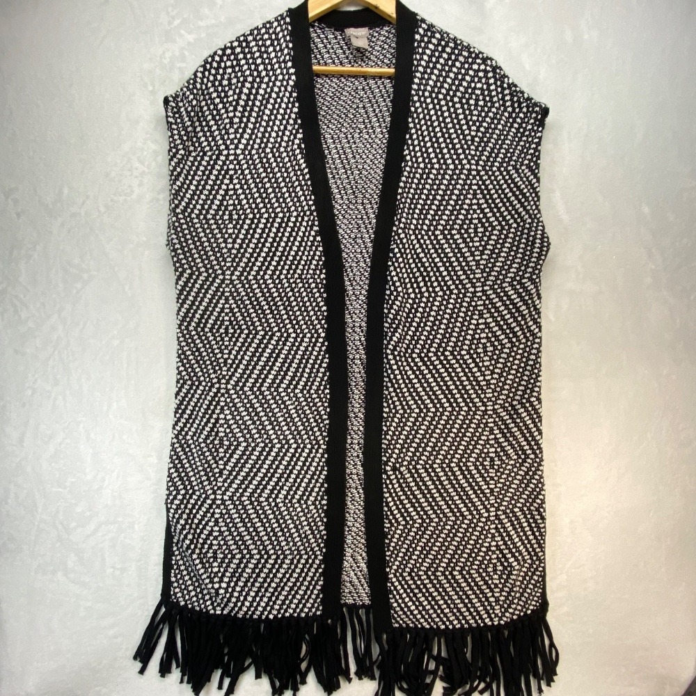 Chico's Fringe Open Front Vest Sleeveless Black White Knit Cardiganβ Size 2 US L